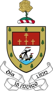 Coat of arms with a ship and yellow rose for Mayo Dark Sky Festival, featuring Irish Gaelic motto.