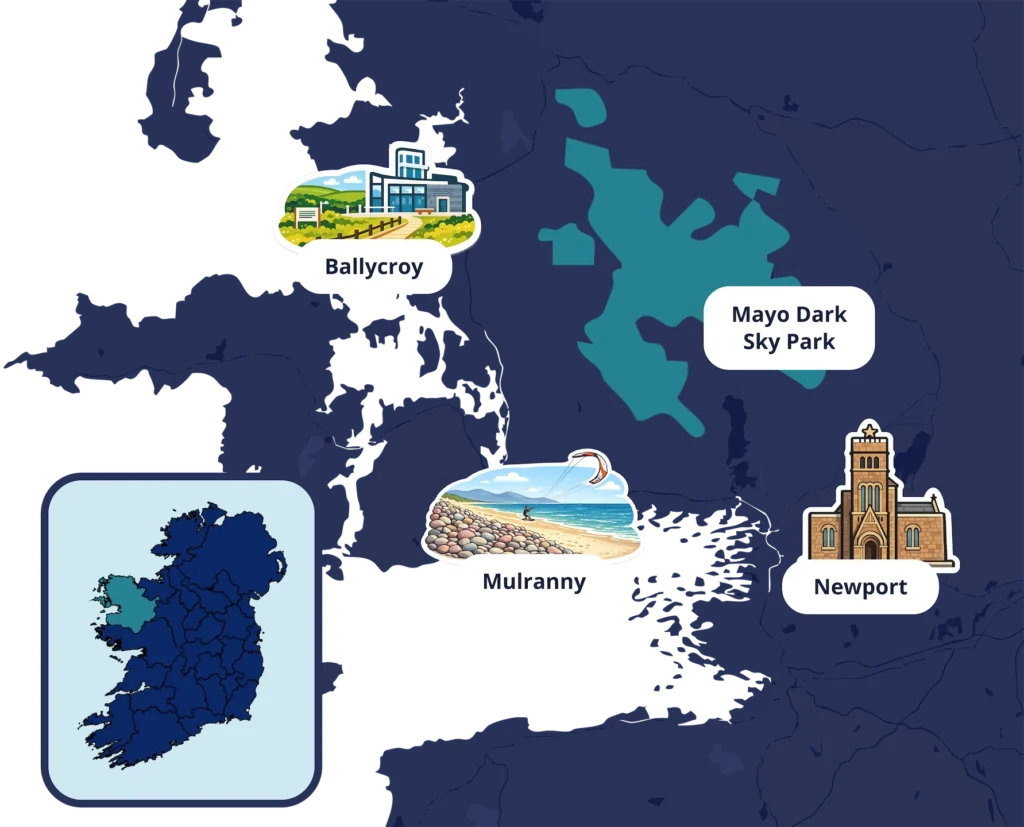 Map of County Mayo, Ireland featuring locations: Ballycroy, Mulranny, Newport, and Mayo Dark Sky Park.