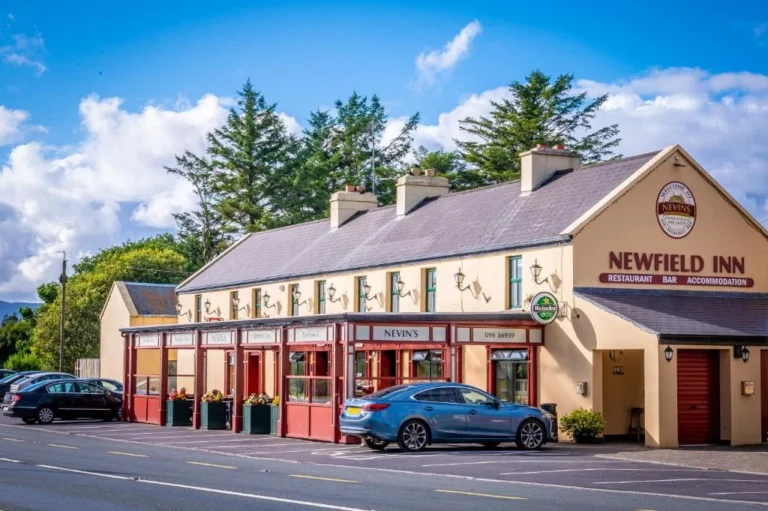 Newfield Inn, cosy accommodation and dining spot near Mayo Dark Sky Festival, nestled among lush trees and blue skies.