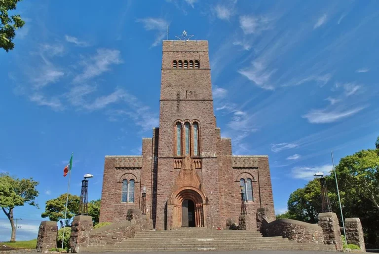 Brick tower of Knocknarea Church against clear blue sky, Mayo, Ireland - location of Dark Sky Festival events.